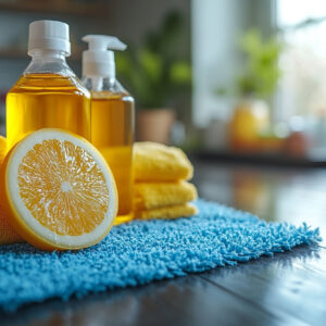 Eco-friendly cleaning supplies with lemon, yellow towels, and natural cleaning solutions on a shiny wooden surface in a bright home setting.