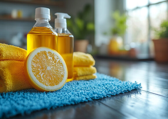 Eco friendly cleaning supplies with lemon yellow towels and natural cleaning solutions on a shiny wooden surface in a bright home setting